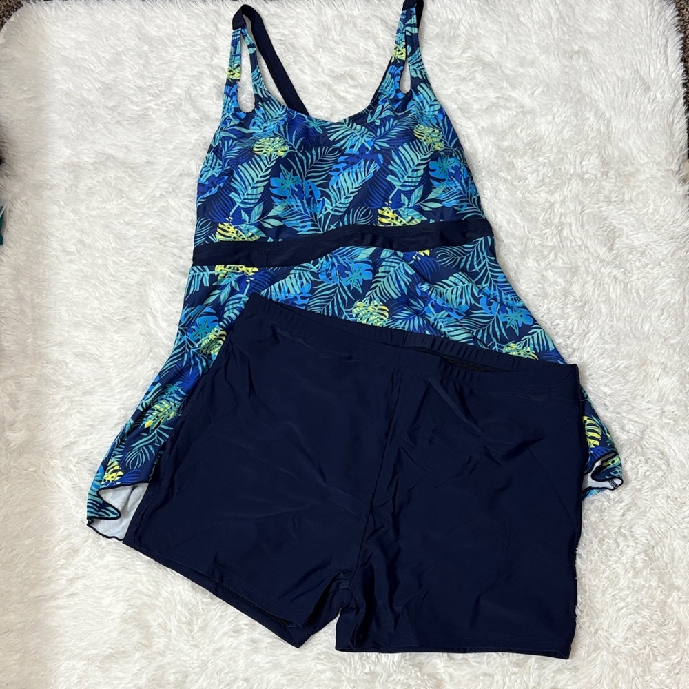 NWT Hanna Nikole Blue Tankini Tropical Print 2 Piece Swim Set 20W